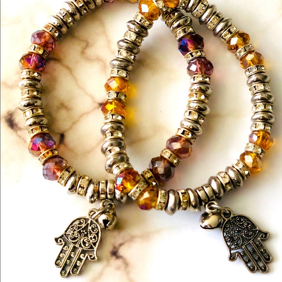 Jewelry - Set of 2 Hamsa Bracelets with Gems